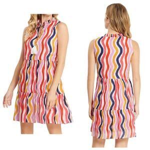 Jude Connally Dress Mariah 100% Cotton Voile Painted Multi Stripe White Pink XS